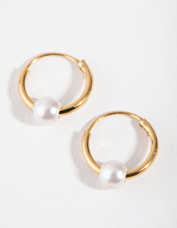 Gold Plated Sterling Silver Pearl Beaded Hoop Earrings