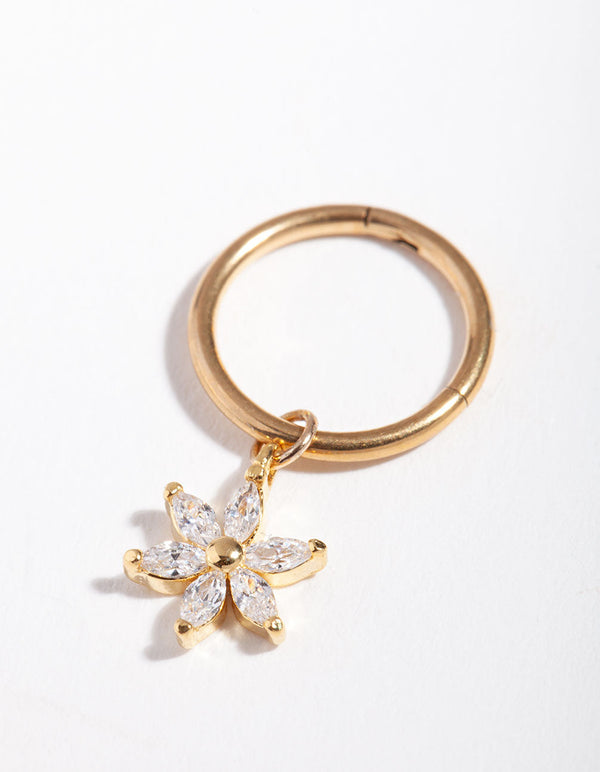 Gold Surgical Steel Cubic Zirconia Flower Charm Belly Ring