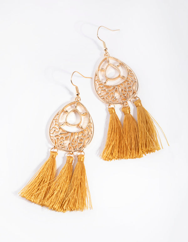 Gold Intricate Tassel Drop Earrings