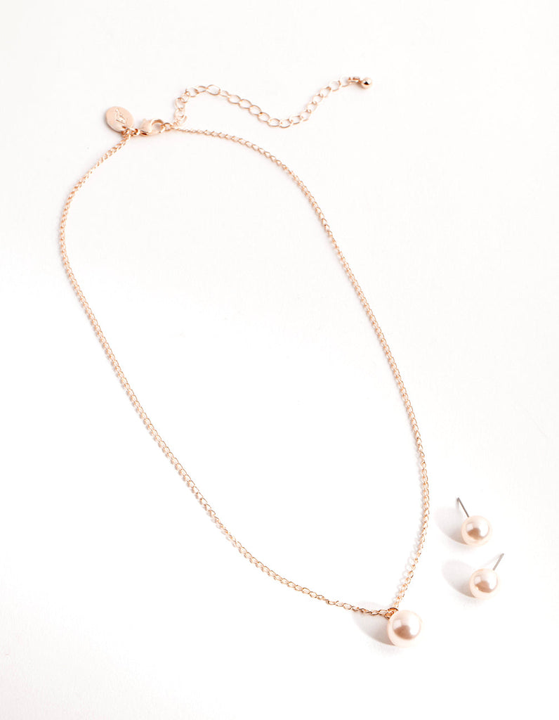 Rose Gold Pink Pearl Earring & Necklace Pack