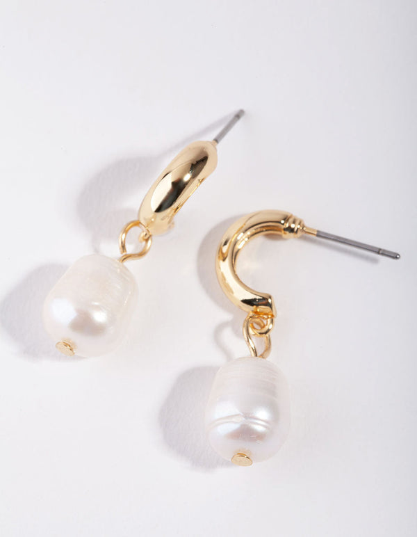 Gold Pearl Drop Huggie Earrings