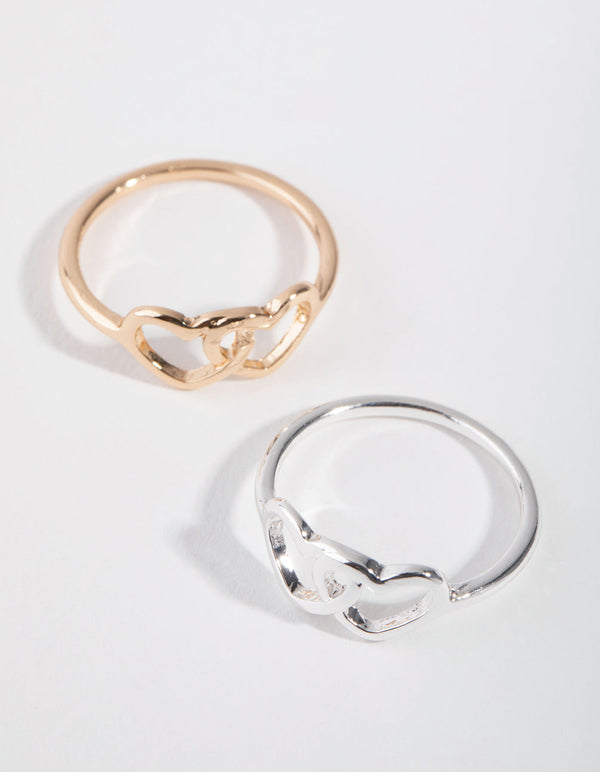 Mixed Metal Double Cut Out Heart Ring Pack