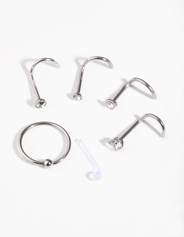 Surgical Steel Mixed Diamante Nose Stud & Ring 6-Pack