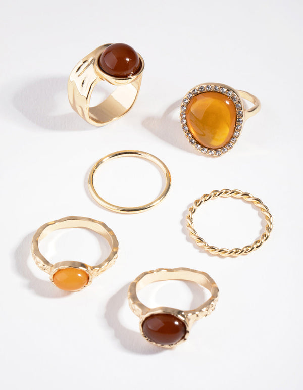 Gold Multi Stone Diamante Pack Rings