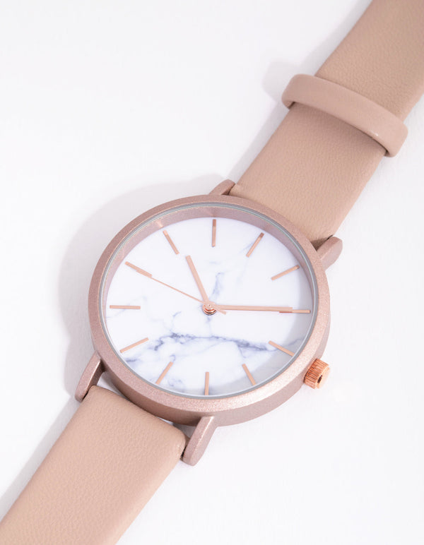 Rose Gold Marble Dial PU Strap Watch