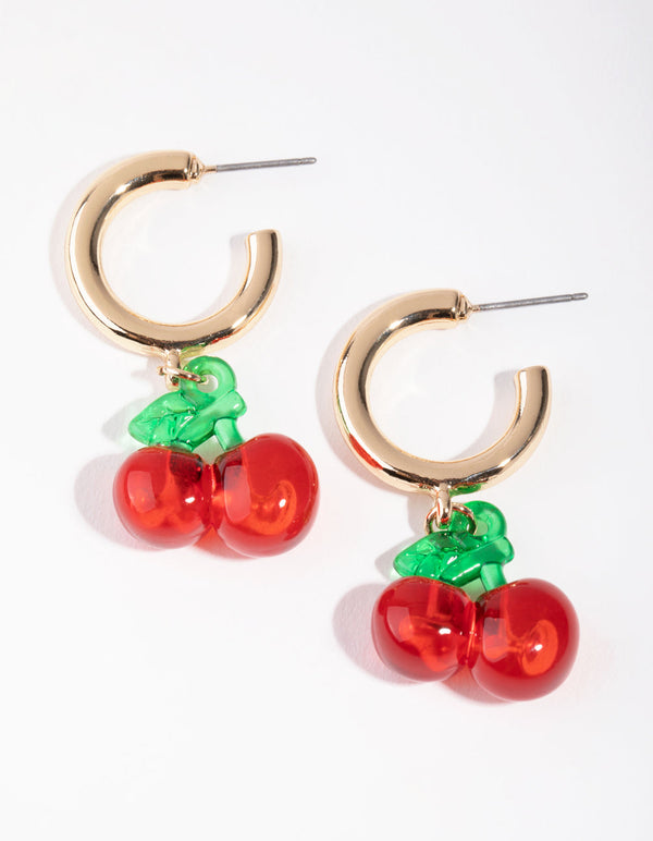 Gold Acrylic Cherry Hoop Earrings