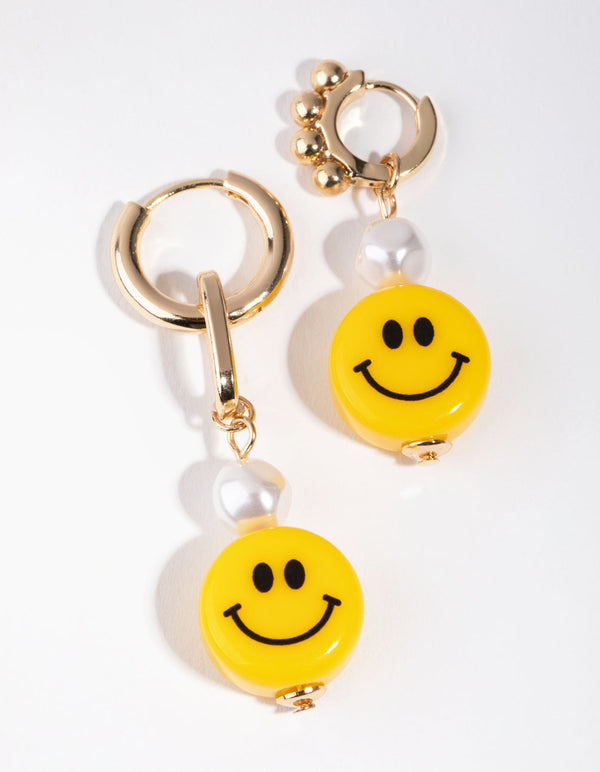 Gold Asymmetrical Pearl Smiley Drop Earrings