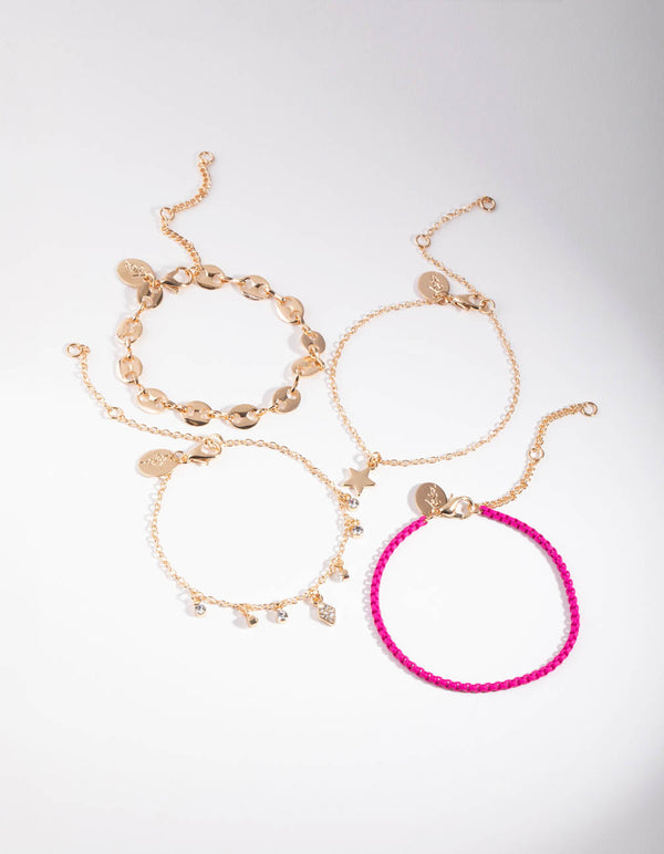 Gold & Pink Star 4-Pack Bracelet & Anklet Set