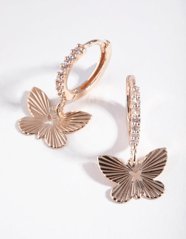 Rose Gold Textured Butterfly Diamante Earrings