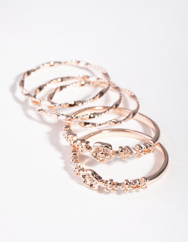 Rose Gold Plated Flower Ball 5-Band Ring Stack