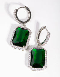 Rhodium Diamond Simulant Emerald Rectangle Huggie Earrings - link has visual effect only