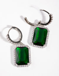 Rhodium Diamond Simulant Emerald Rectangle Huggie Earrings - link has visual effect only