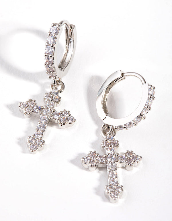 Rhodium Diamond Simulants Cross Huggie Earrings