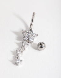 Surgical Steel Rhodium Round Flower Drop Belly Ring - link has visual effect only