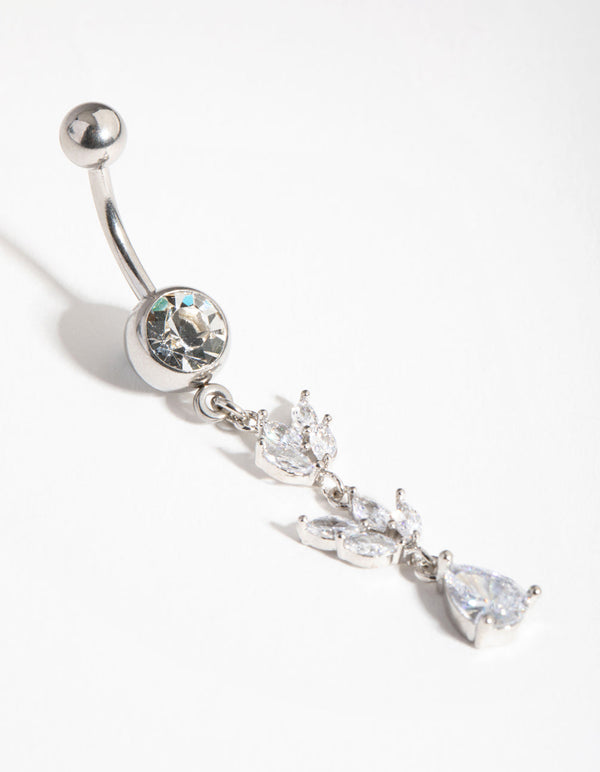 Rhodium Cubic Zirconia Marquise Drop Belly Ring