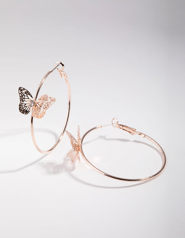 Rose Gold Diamante Butterfly Hoop Earrings