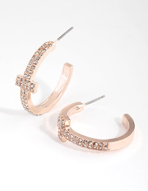 Rose Gold Diamante Cross Hoop Earrings