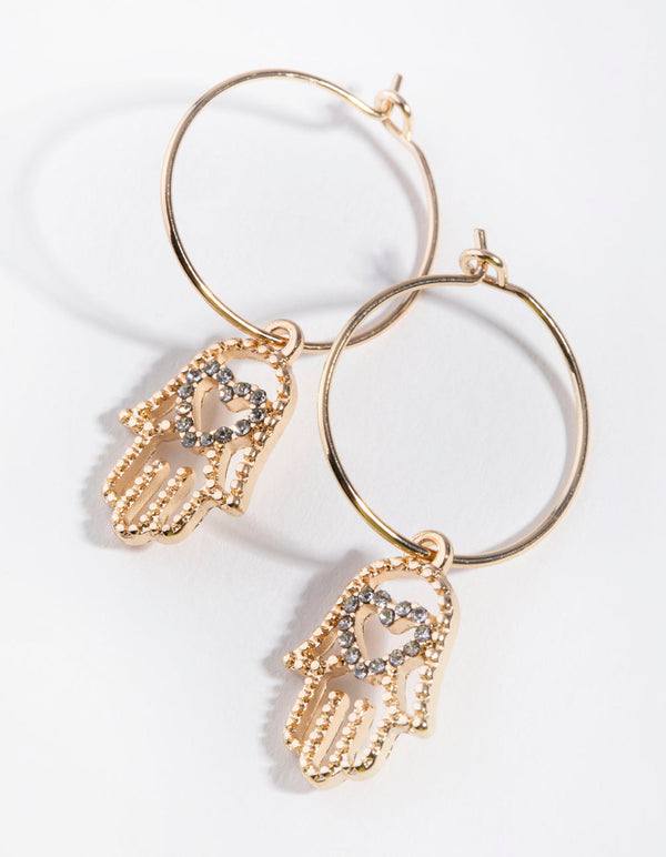 Gold Diamante Hamsa Hand Hoop Earrings