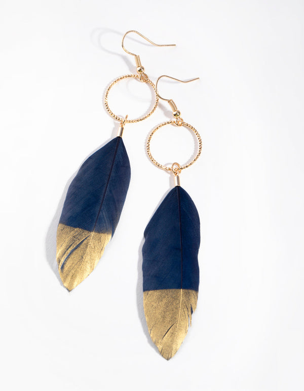 Gold Feather Circle Drop Earrings