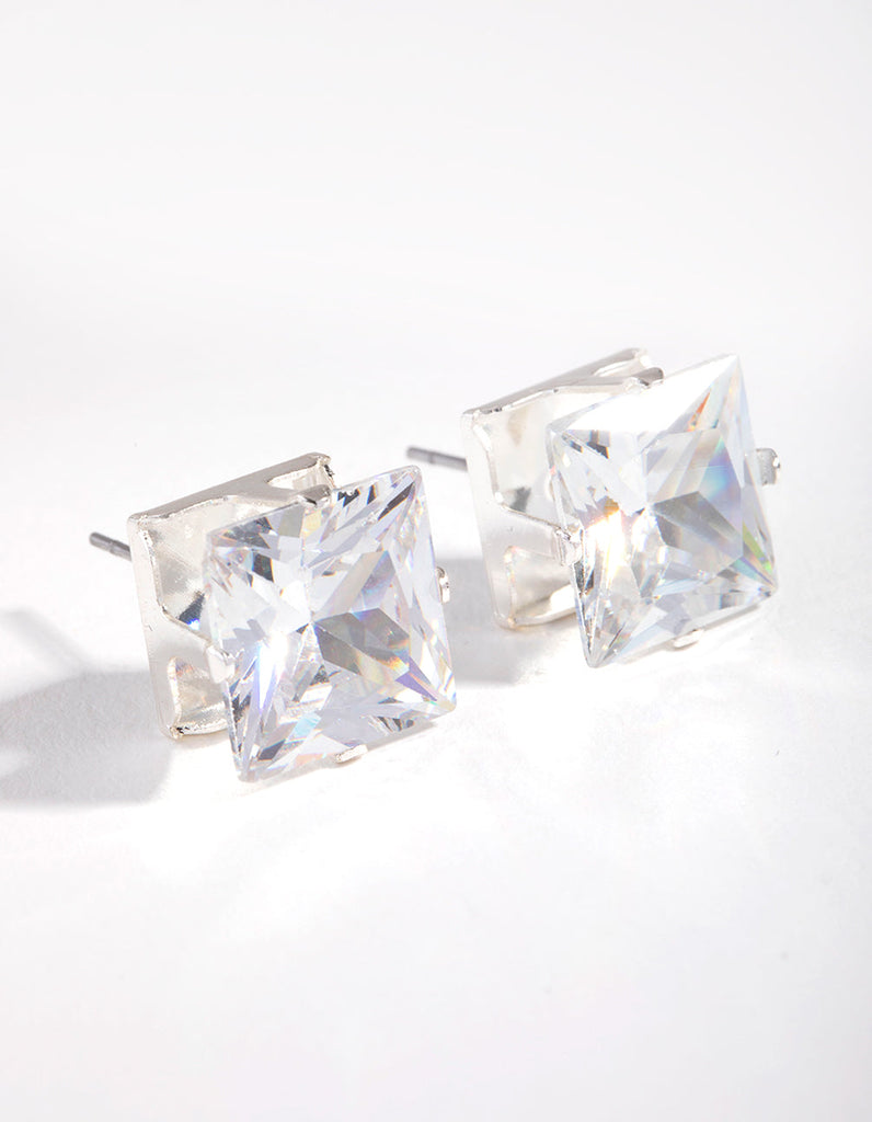 Silver Square Stone Claw Stud Earrings
