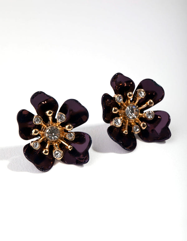 Gold Metal & Diamante Flower Stud Earrings