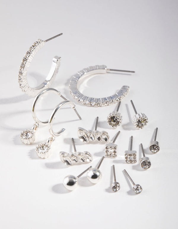 Silver Plain Diamante Stud Earring 8-Pack