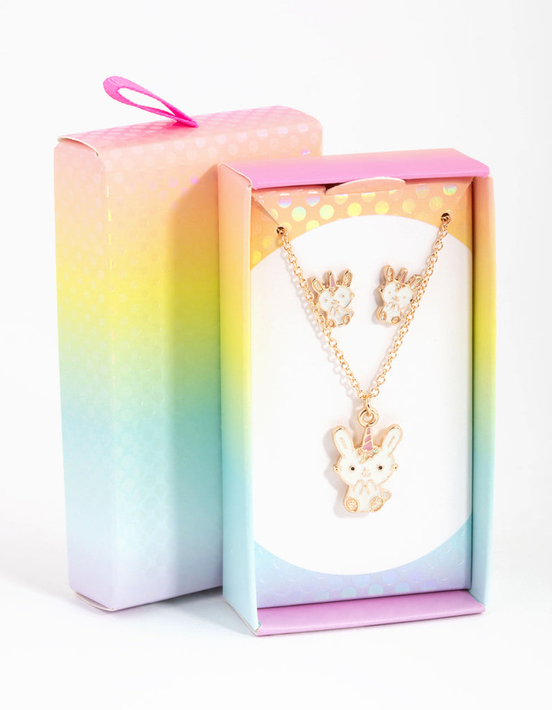 Kids Gold Bunny Necklace & Earrings Set