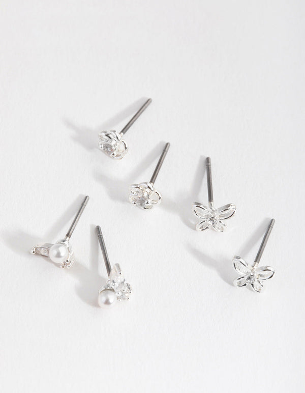 Silver Pretty Flower & Pearl Earrings
