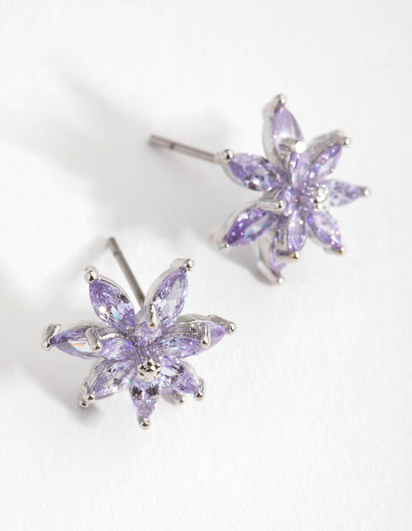 Rhodium Diamond Simulant Flower Stud Earrings