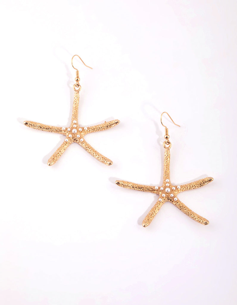 Gold Pearl Starfish Drop Earrings