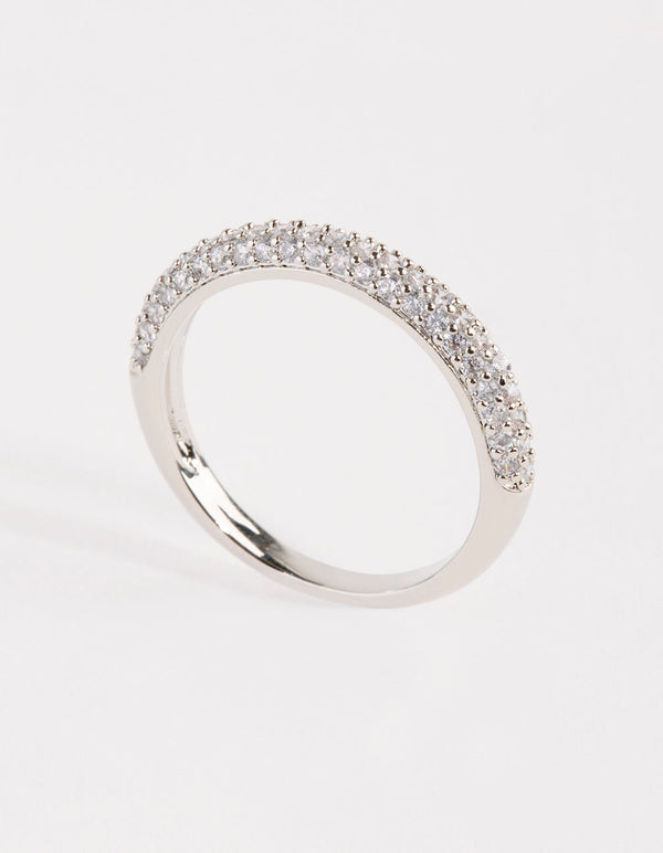 Rhodium Half Pave Cubic Zirconia Ring