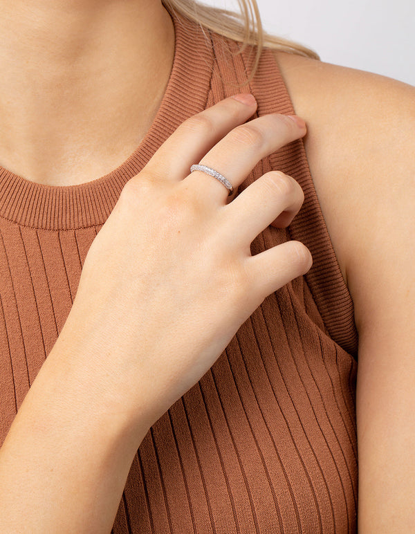 Rhodium Half Pave Cubic Zirconia Ring