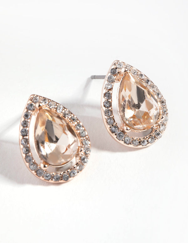 Rose Gold Diamante Surrounded Pear Stud Earrings