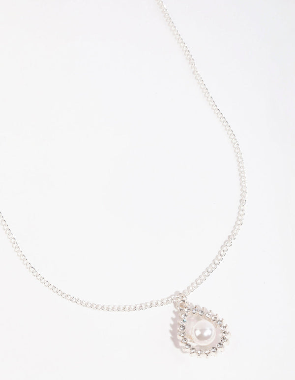 Silver Diamante Open Pear Pearl Necklace