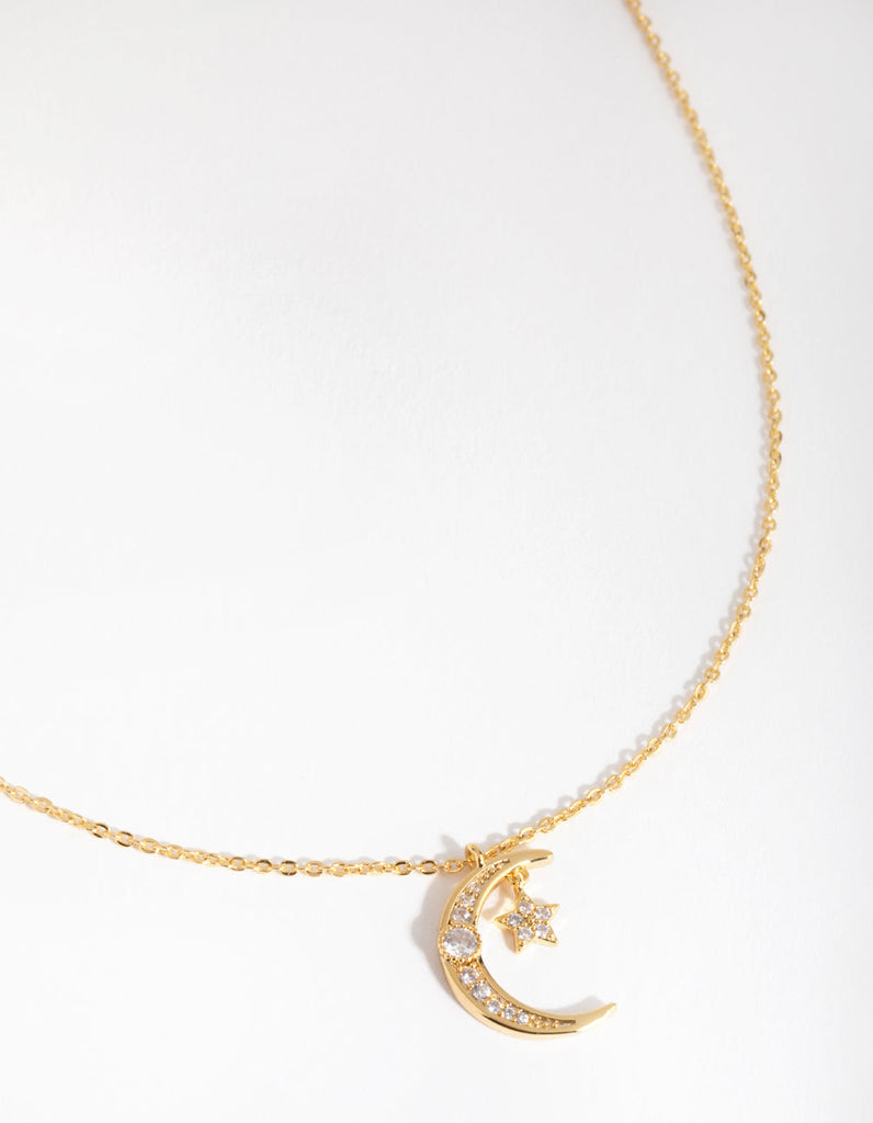 18ct Gold Plated Cubic Zirconia Moon & Star Necklace