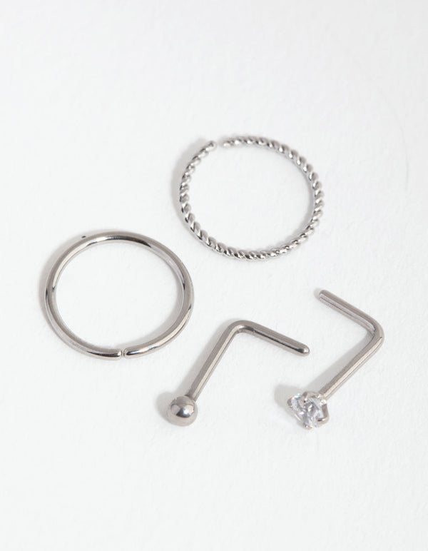 Rhodium Surgical Steel Diamante Twist Nose Ring 4-Pack
