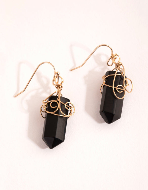 Gold Coil Wrapped Onyx Drop Earrings