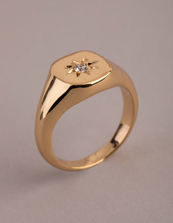 18ct Gold Plated Brass Cubic Zirconia Star Signet Ring
