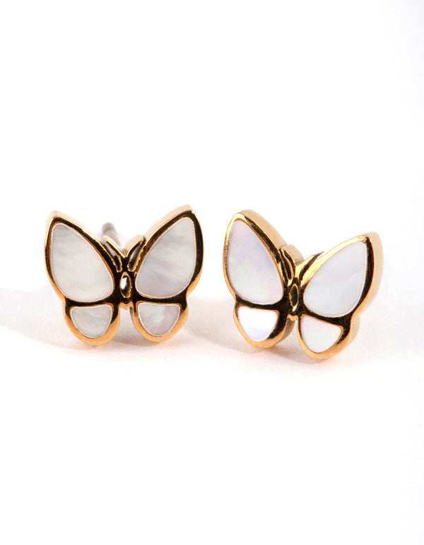 Surgical Steel Gold Mother of Pearl Butterfly Stud Earring