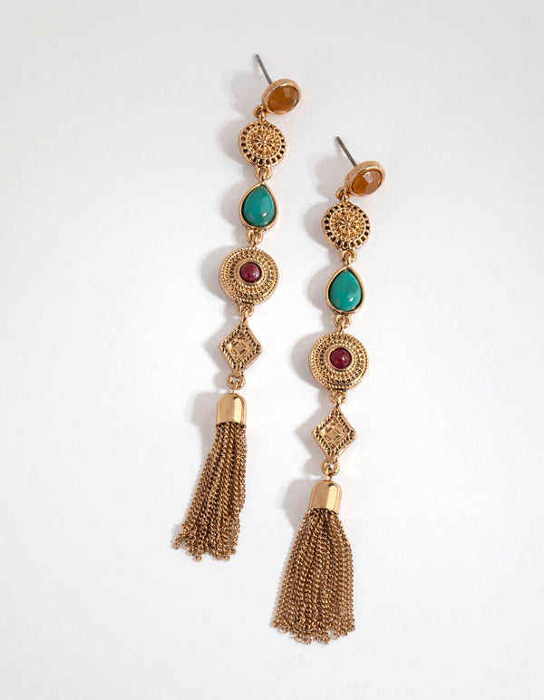 Antique Gold Long Chain Tassel Drop Earrings