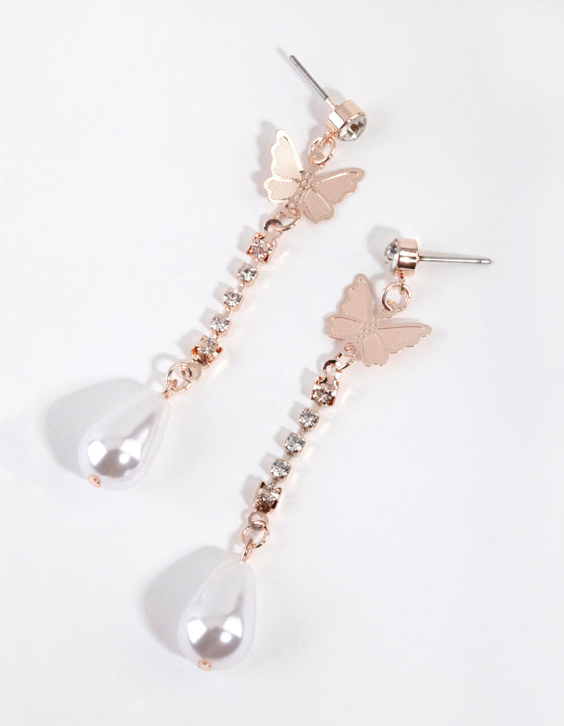 Rose Gold Diamante Pearl Butterfly Earrings