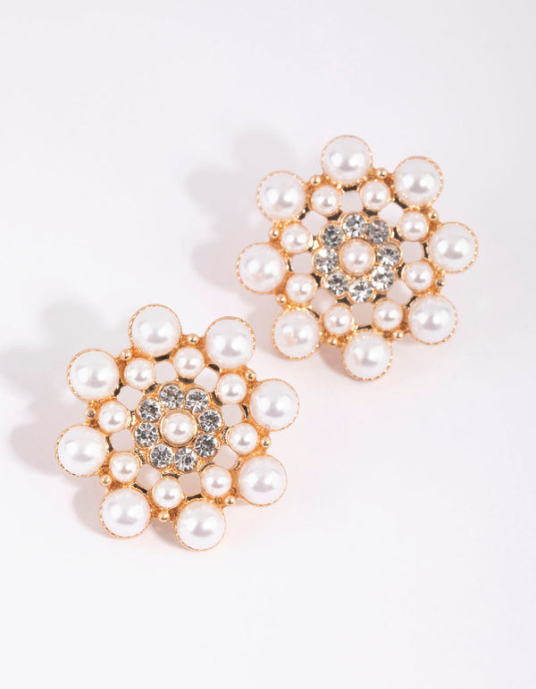 Gold Pearl Flower Stud Earrings