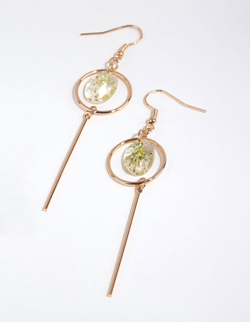 Gold Disc & Stick Trapped Flower Earrings