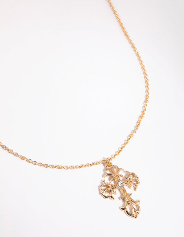 Gold Diamante Regal Cross Necklace