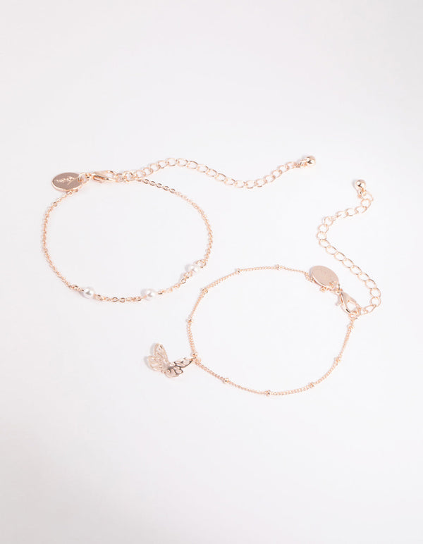 Rose Gold Pearl & Butterfly Bracelet Set