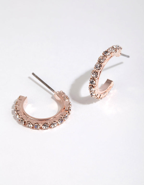 Rose Gold Riased Diamante Huggie Hoop Earrings