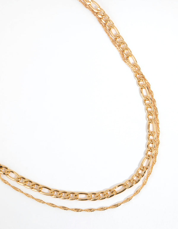 Gold Plated Figaro Layered Necklace
