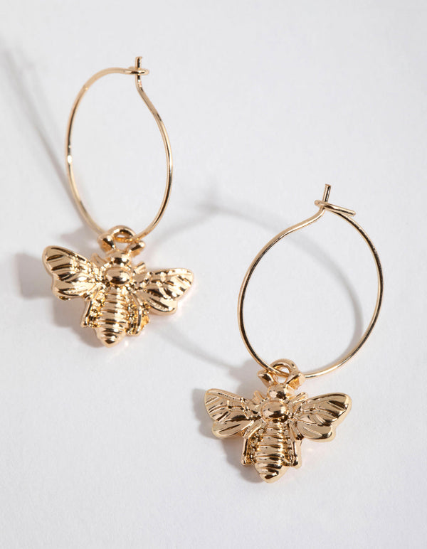 Gold Bee Pendant Huggie Hoop Earrings