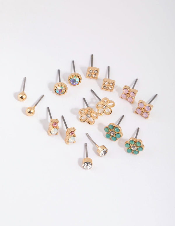 Gold Flower & Diamante Stud Earring Pack