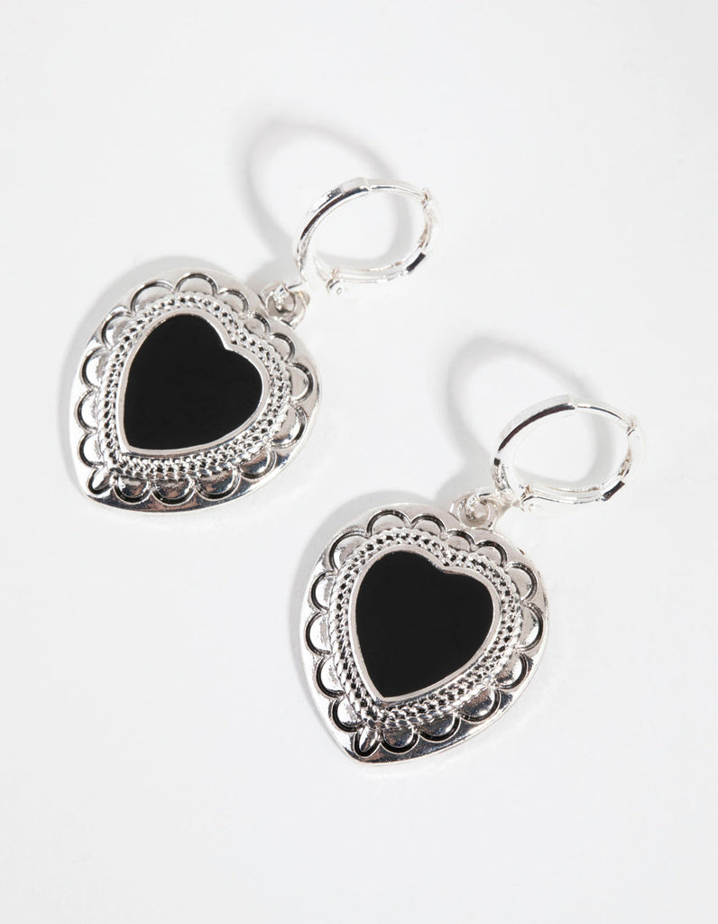 Antique Silver Enamel Centre Heart Earrings
